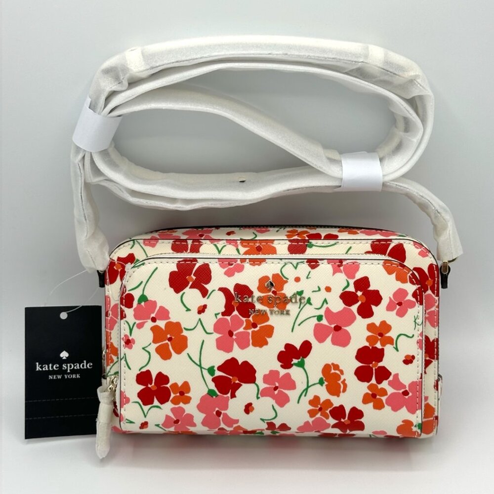 NWT Kate Spade Staci Dual Zip Around Crossbody - Sunny Floral Pink Multi - Picture 2 of 15